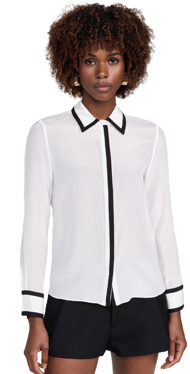 alice + olivia Willa Placket Top with Piping Detail Off White/Black