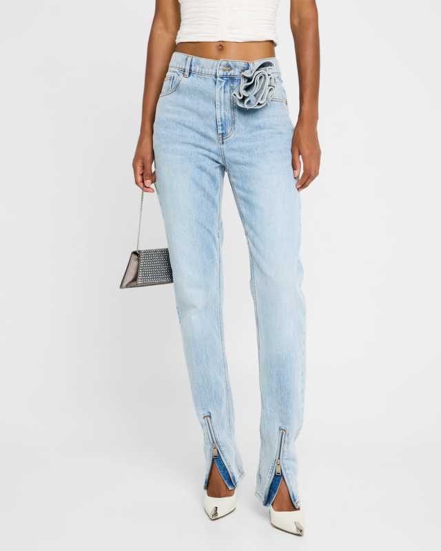 Flower Corsage Zip-Hem Skinny-Leg Jeans