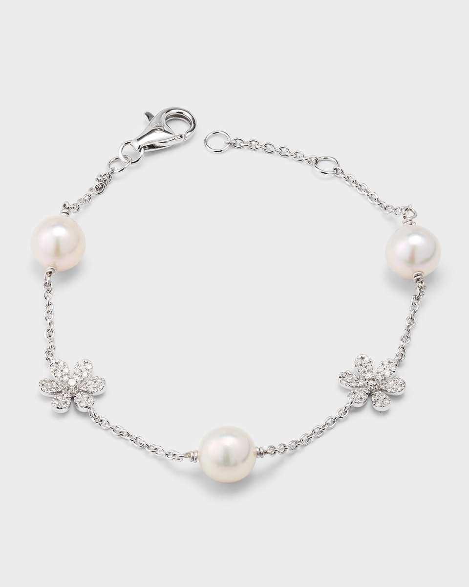 18K White Gold Akoya Pearl and Diamond Daisy Bracelet, 7"L