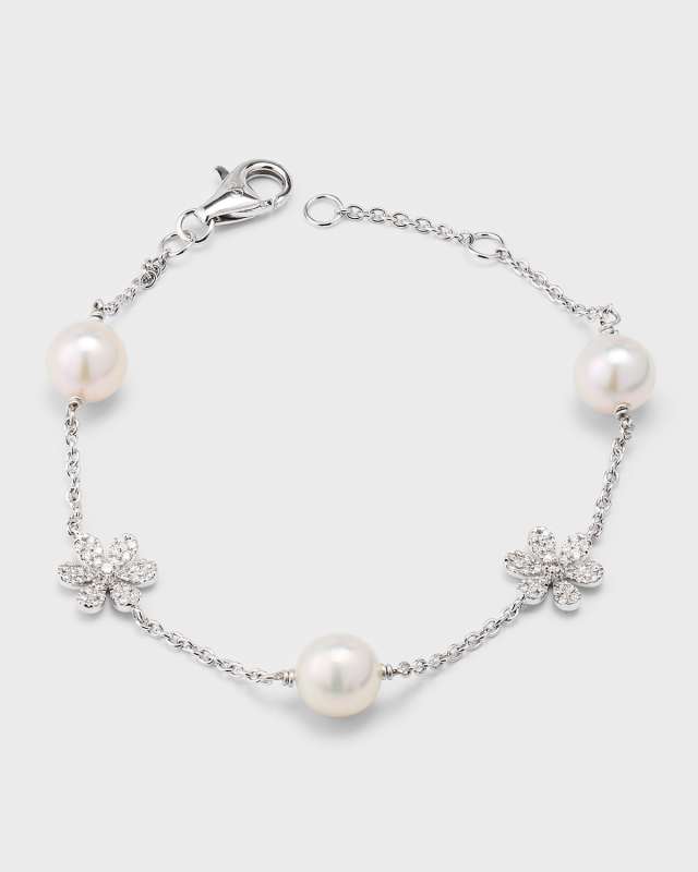 18K White Gold Akoya Pearl and Diamond Daisy Bracelet, 7"L