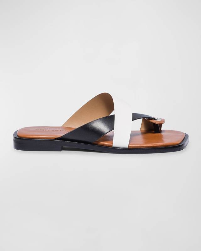Tricolor Leather Toe-Ring Slide Sandals