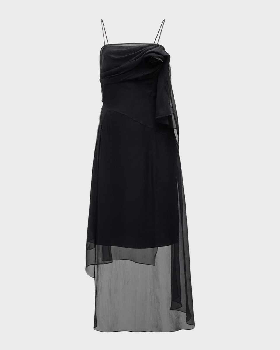 High-Low Mesh Midi Dress With Flower Detail