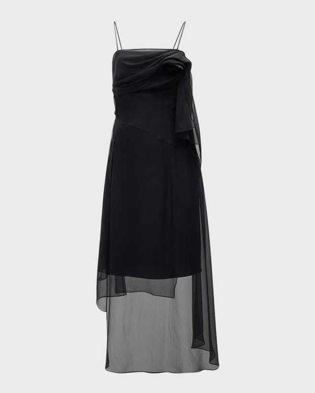 High-Low Mesh Midi Dress With Flower Detail