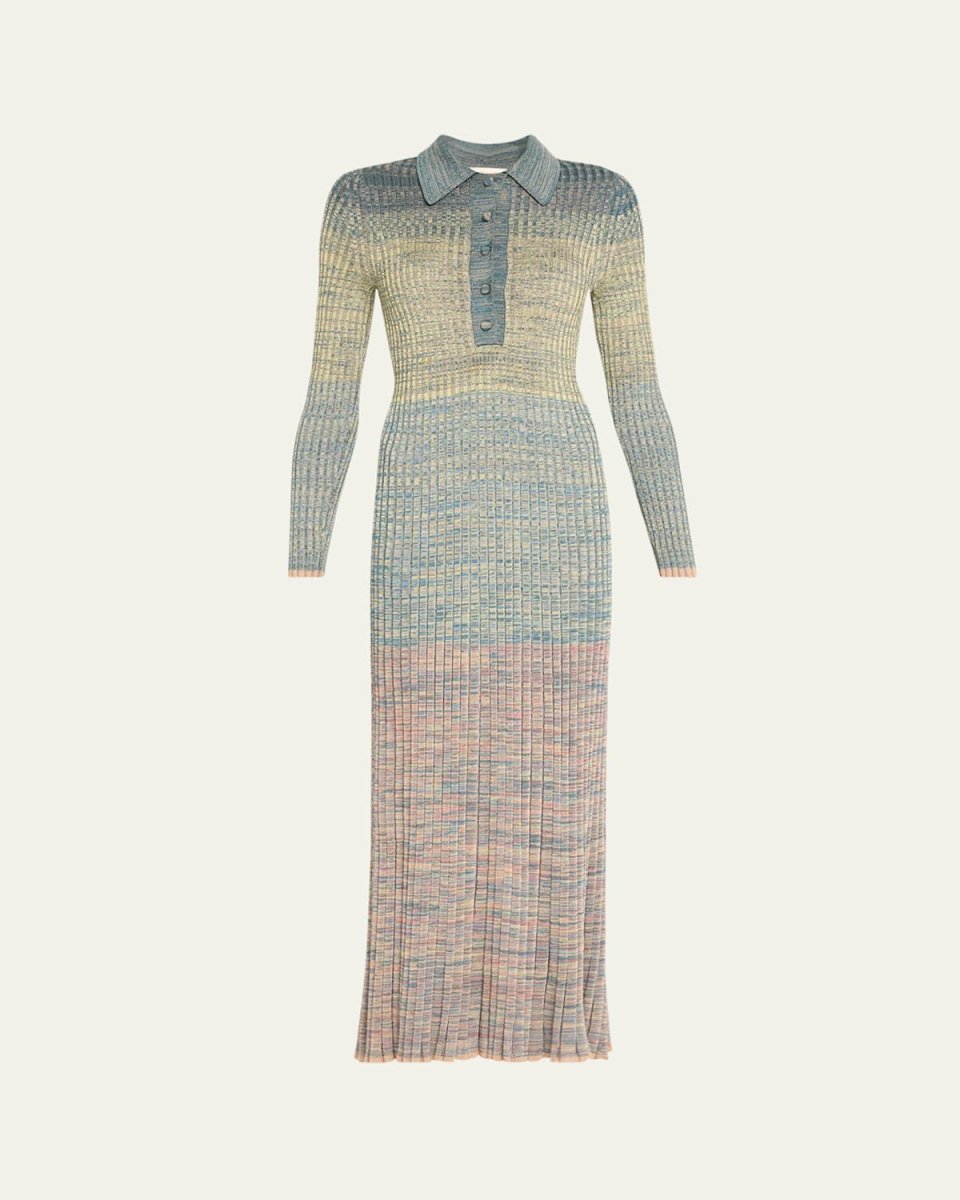Mouline Rib Long-Sleeve Midi Polo Dress