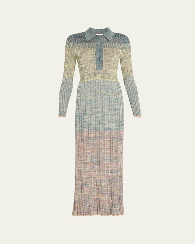 Mouline Rib Long-Sleeve Midi Polo Dress