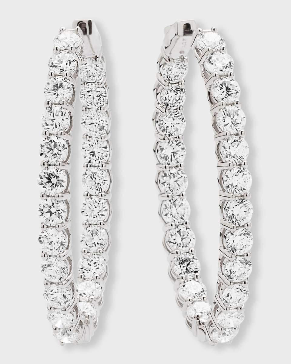 18K White Gold Round Diamond Oval Hoop Earrings, 14 ct., 0.75"L