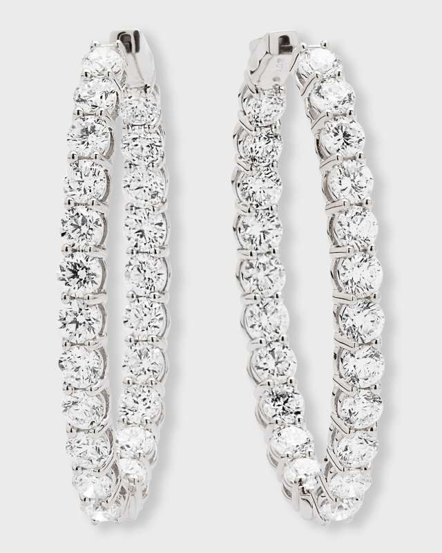 18K White Gold Round Diamond Oval Hoop Earrings, 14 ct., 0.75"L