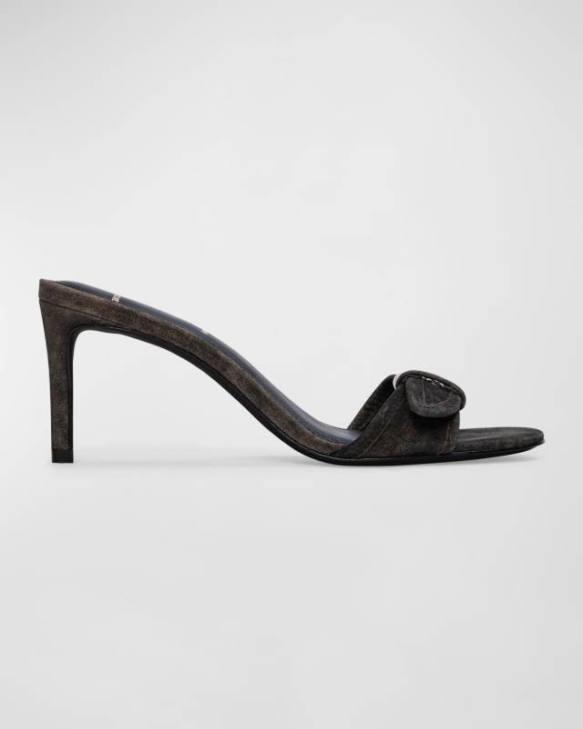 Suede Buckle Kitten Slide Sandals