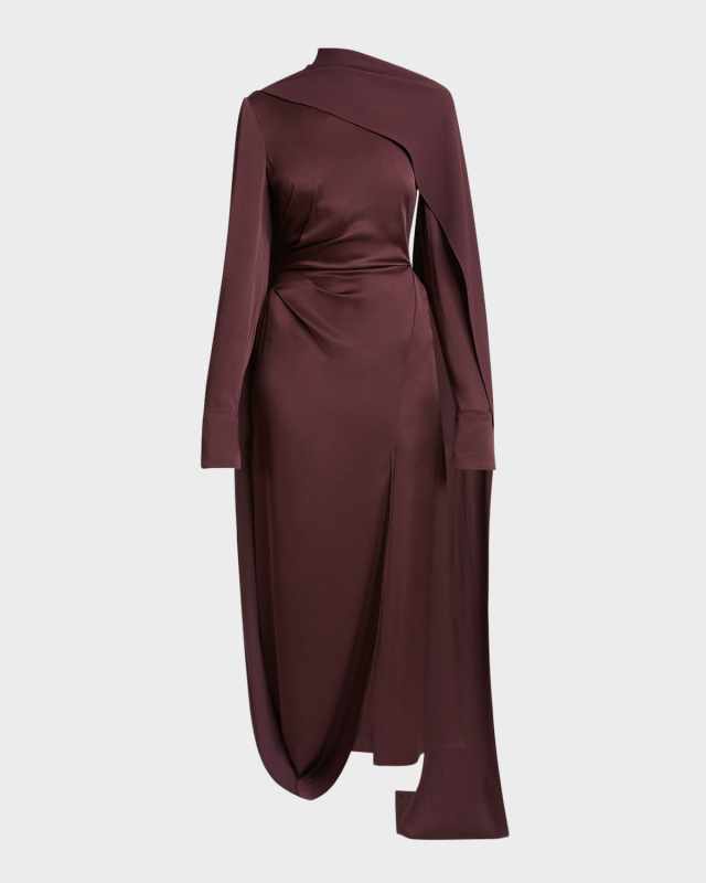 Long-Sleeve Draped Scarf Satin Maxi Dress