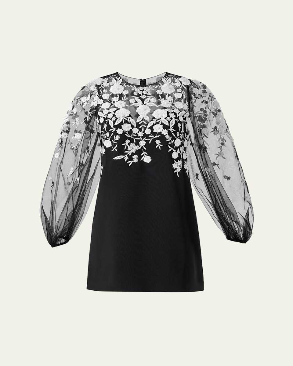 Floral Embroidered Puff-Sleeve Mini Illusion Dress