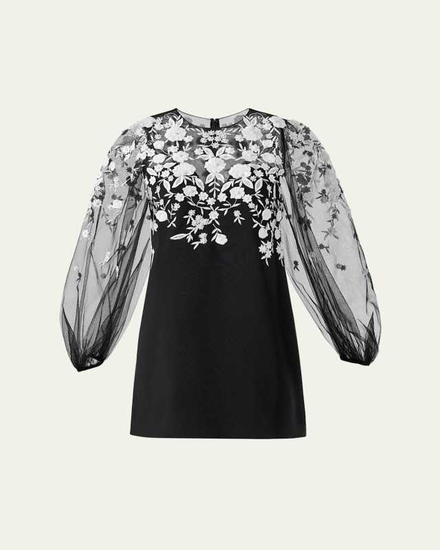 Floral Embroidered Puff-Sleeve Mini Illusion Dress