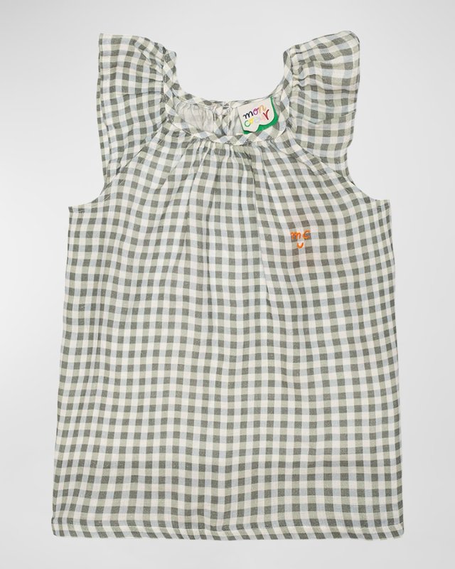 Girl's Gingham Linen Flutter-Sleeve Dress, Size 3M-24