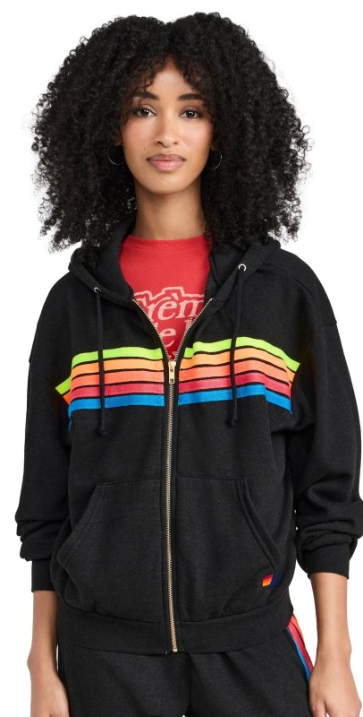 Aviator Nation 5tripe Relaxed Zip Hoodie Black/Neon Rainbow