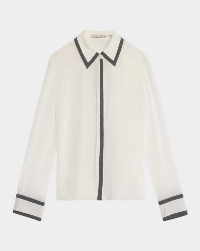 Willa Silk Placket Top with Piping Detail