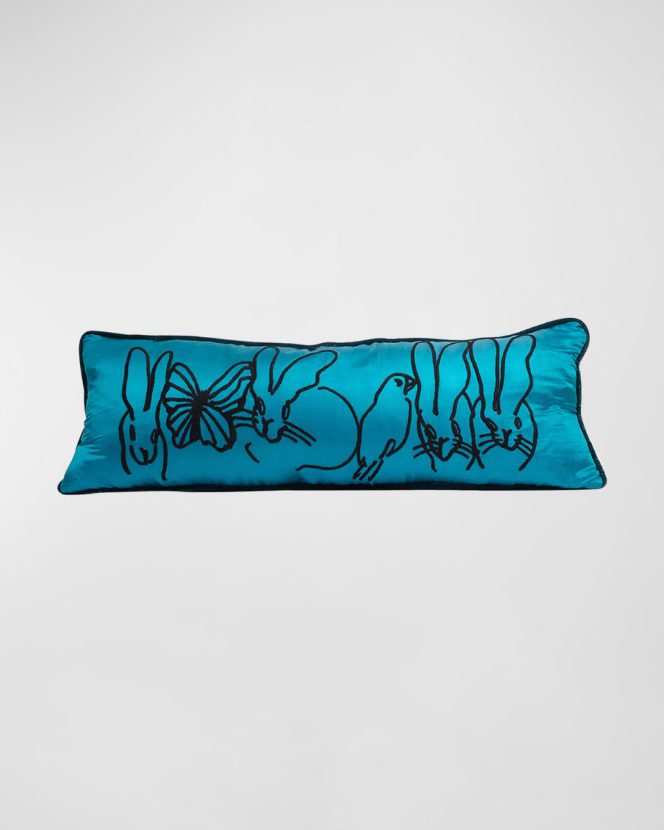 Embroidered Silk & Velvet Menagerie Pillow, 14" x 35"