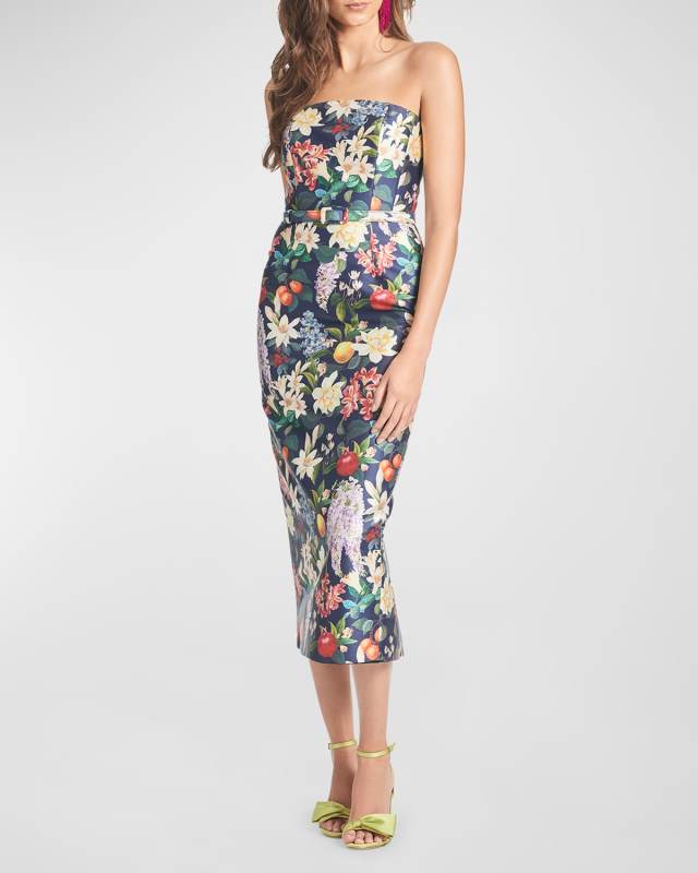 Fiore Strapless Floral-Print Mikado Midi Dress