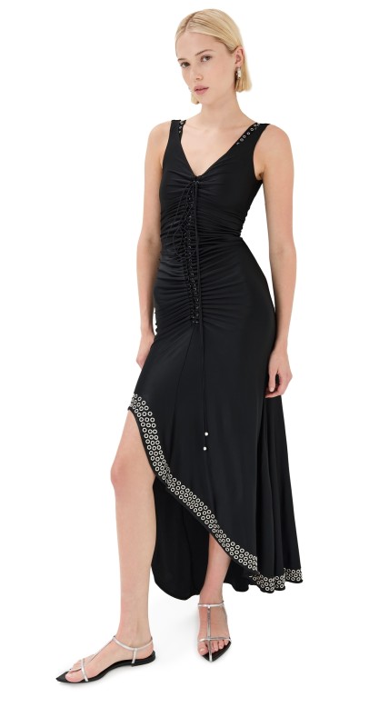 rabanne Long Black Dress with Embroidered Metallic Eyelets Black