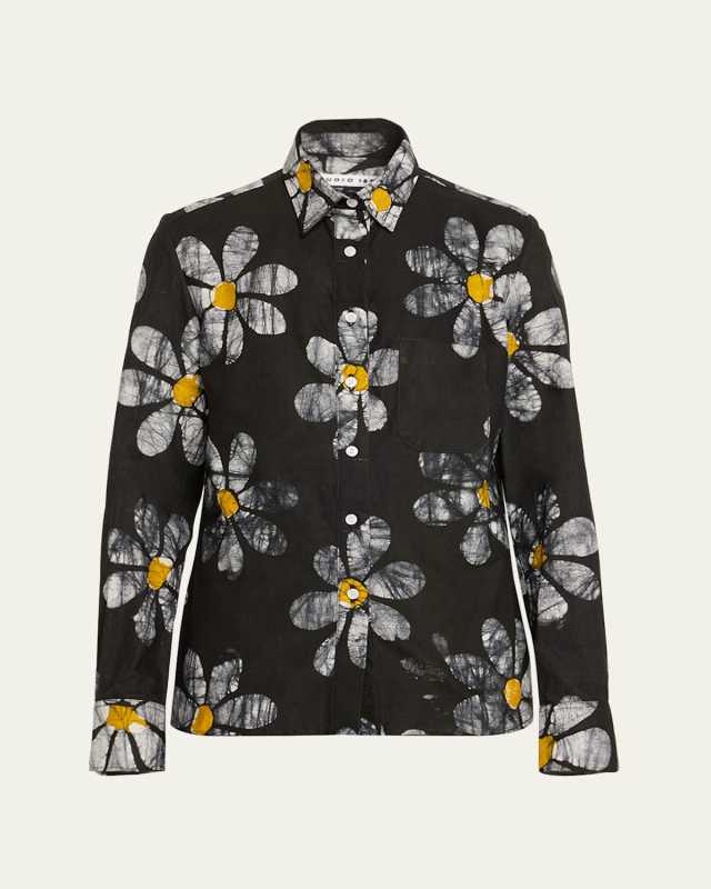Jennifer Hand-Batik Floral Cotton Button-Front Shirt