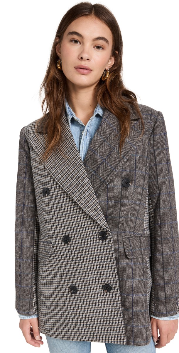 Avec Les Filles Mixed Plaid Double Breasted Blazer Espresso