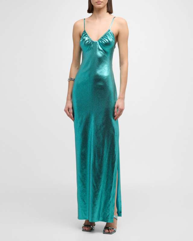 Sleeveless Scoop-Neck Lame Column Maxi Dress