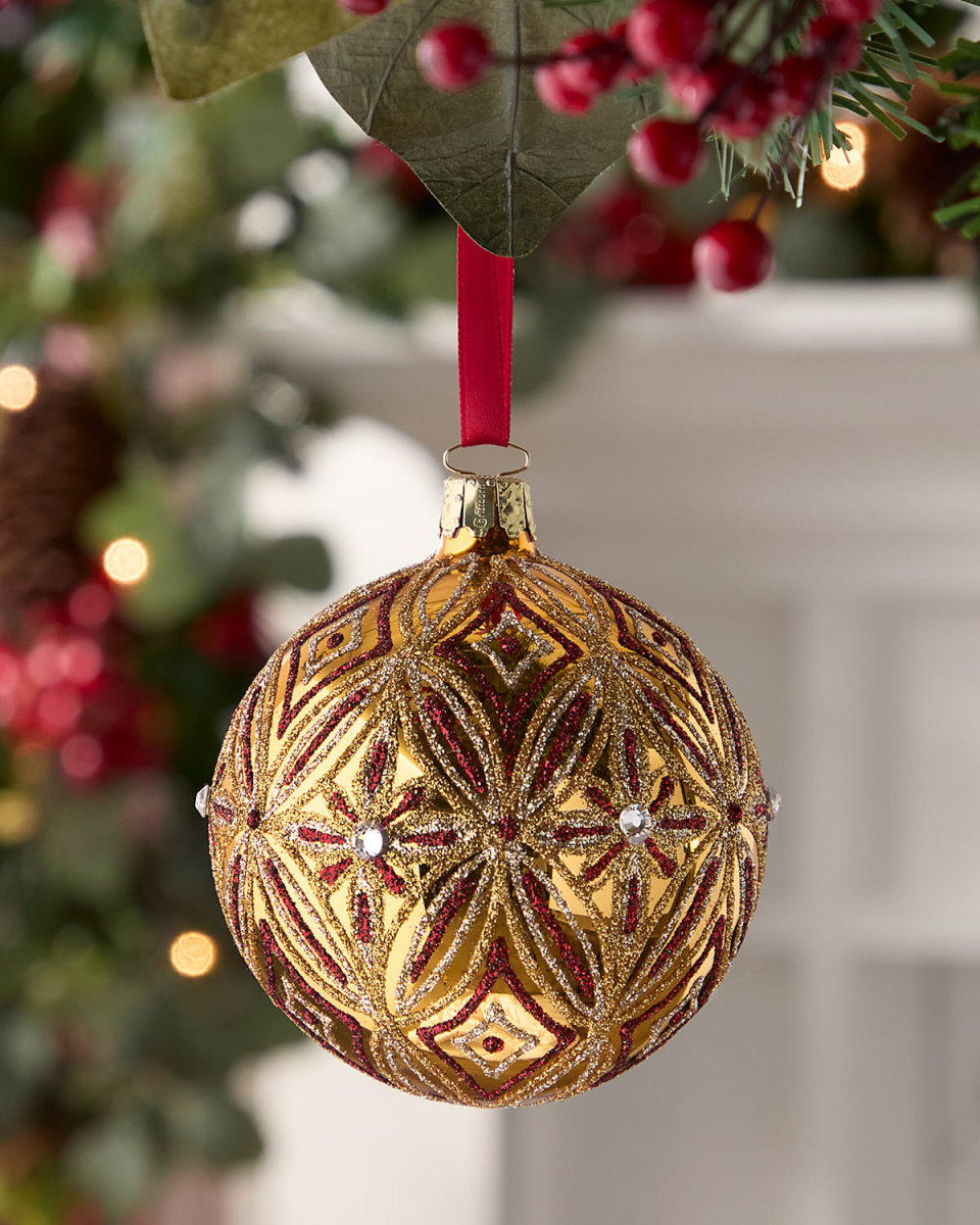 Shiny Ball Christmas Ornament with Glitter Star & Flower Design