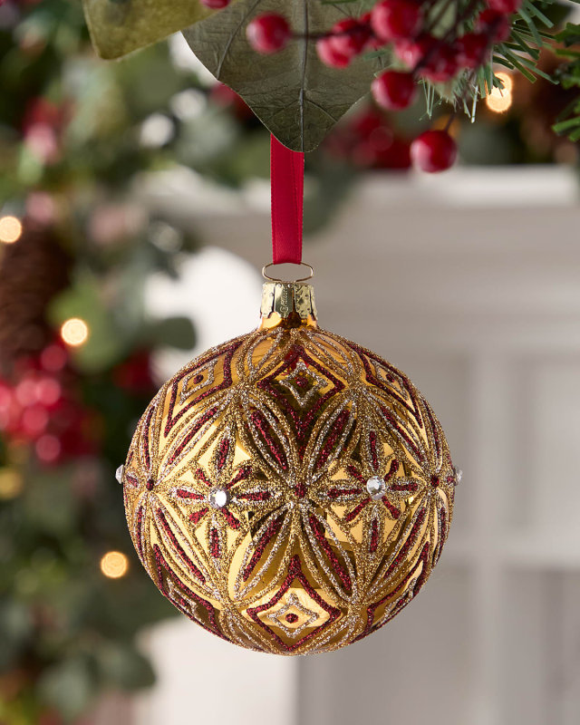 Shiny Ball Christmas Ornament with Glitter Star & Flower Design