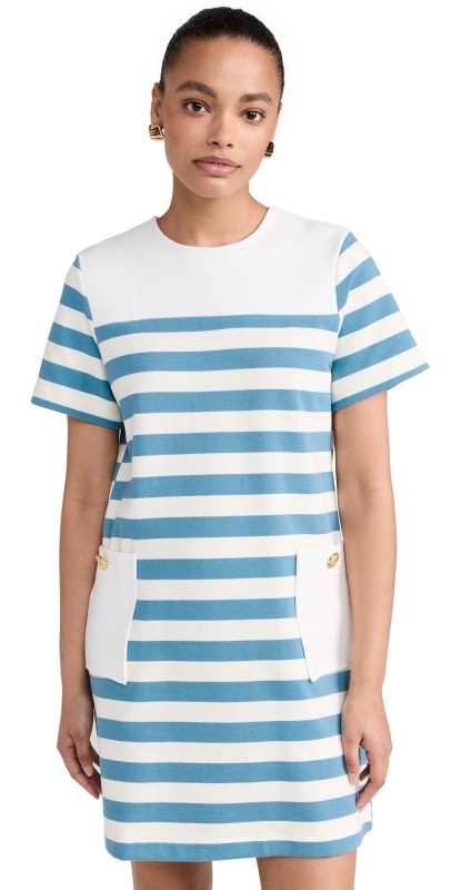 English Factory Striped Dress with Patch Pockets White/Blue