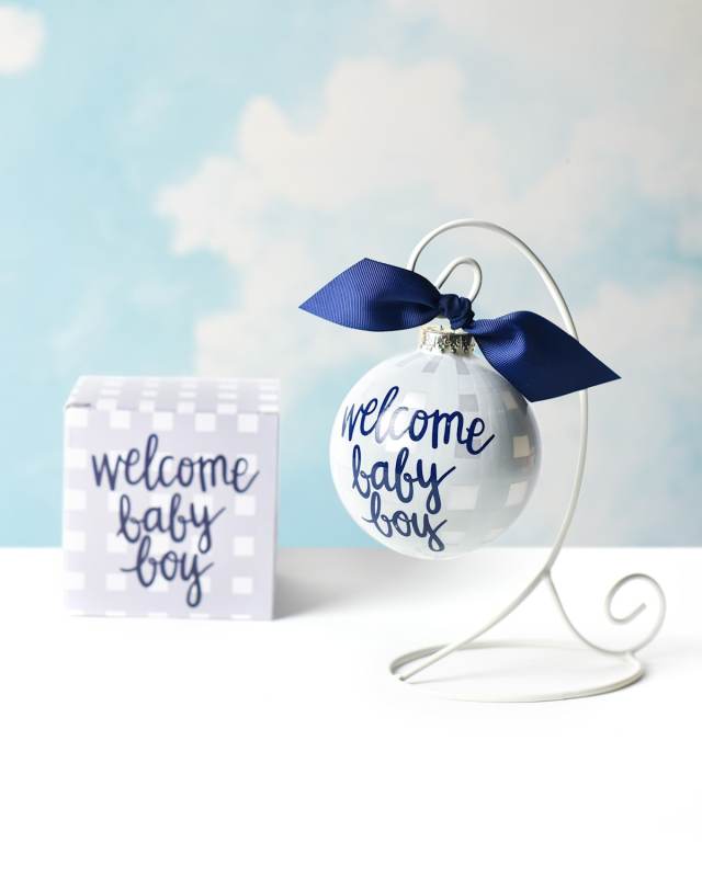 Welcome Baby Boy Gingham Christmas Ornament with Stand, Personalized