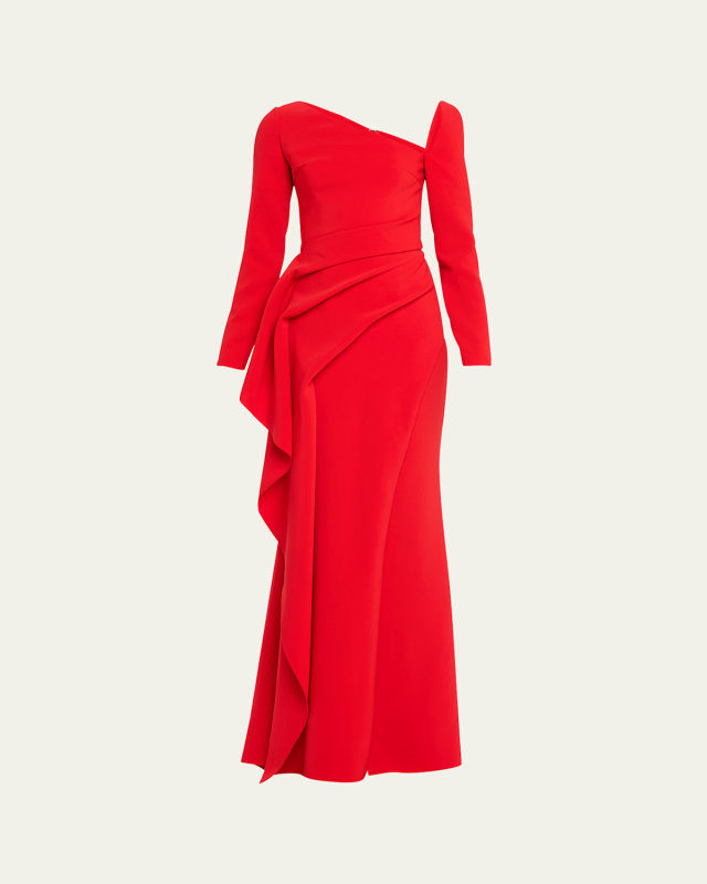 Alexis Asymmetric-Neck Long-Sleeve Draped Crepe Gown