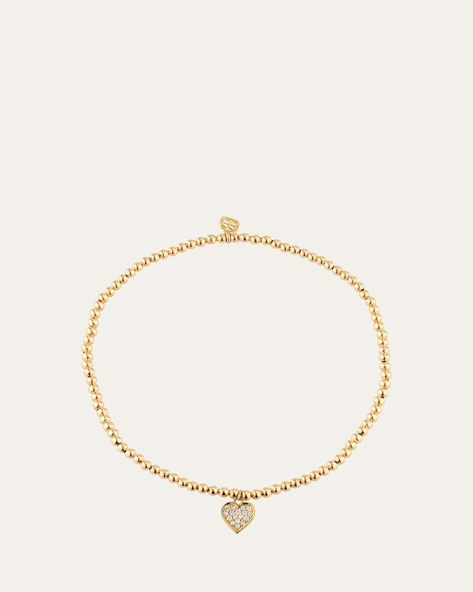 2mm Gold Bead Bracelet with Diamond Pave Heart