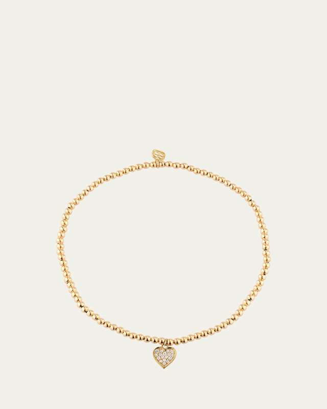2mm Gold Bead Bracelet with Diamond Pave Heart