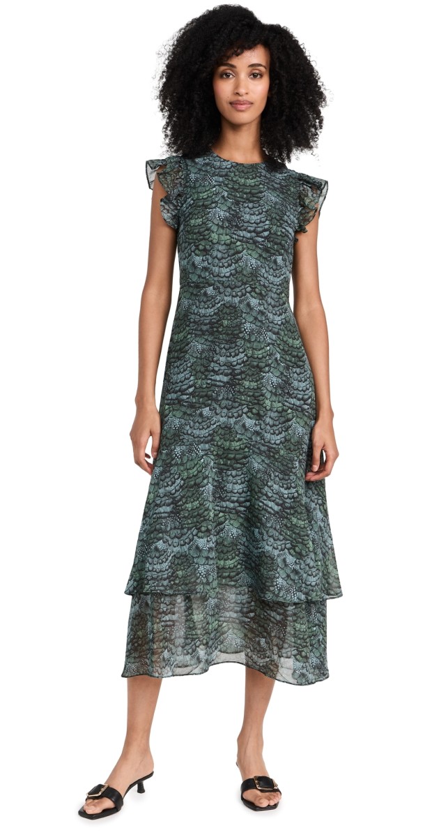 Scotch & Soda Sleeveless Midi Flounce Dress Feather Bottle Green