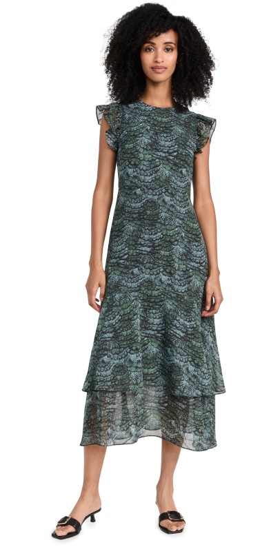 Scotch & Soda Sleeveless Midi Flounce Dress Feather Bottle Green