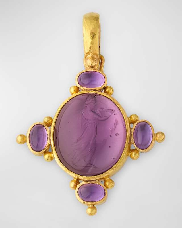19K Yellow Gold Temple Dancer Medium Vertical Oval Venetian Glass Intaglio Pendant with Amethyst