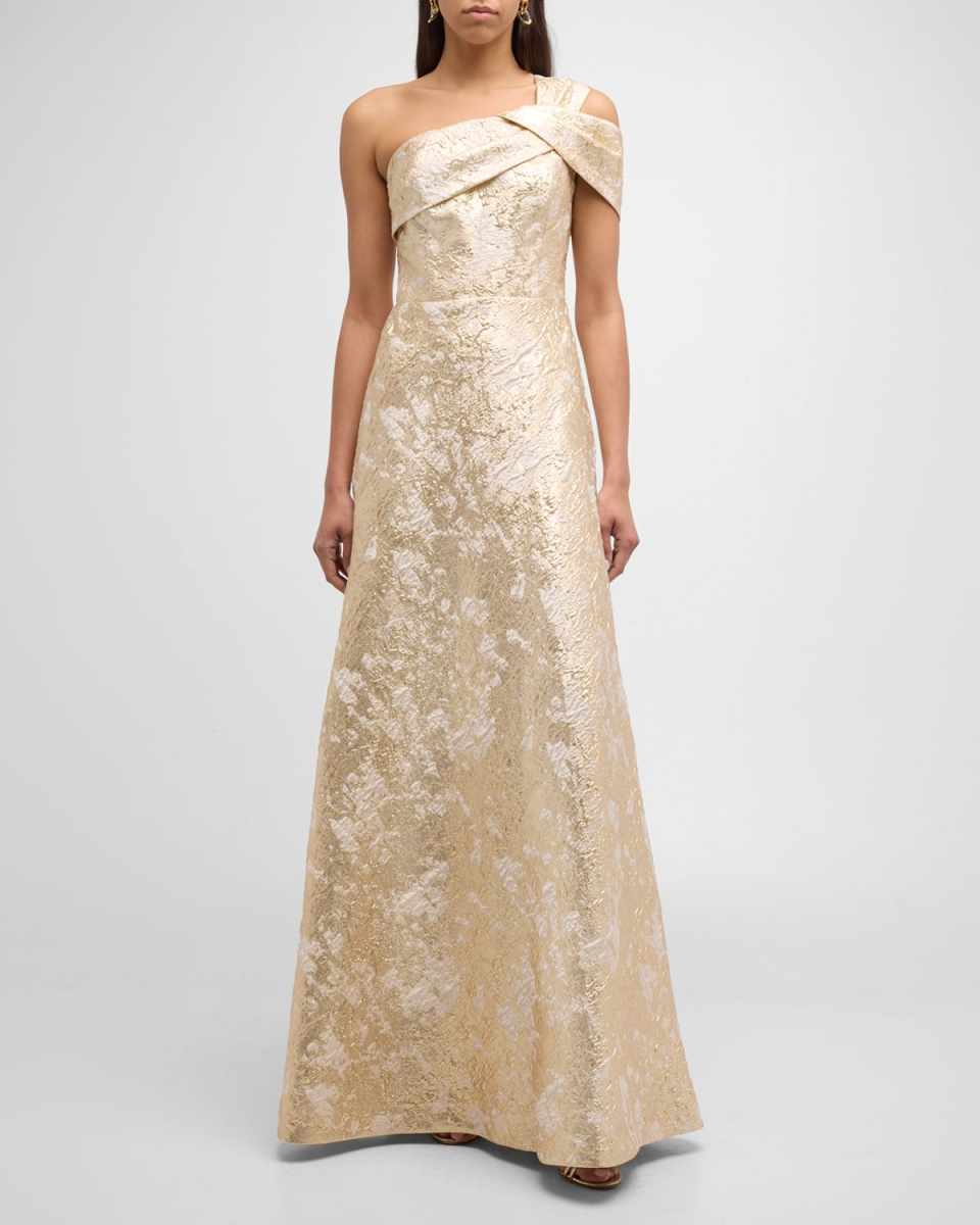 One-Shoulder Metallic Jacquard A-Line Gown