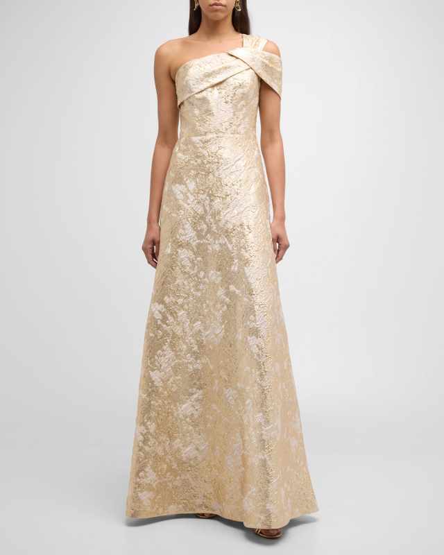 One-Shoulder Metallic Jacquard A-Line Gown