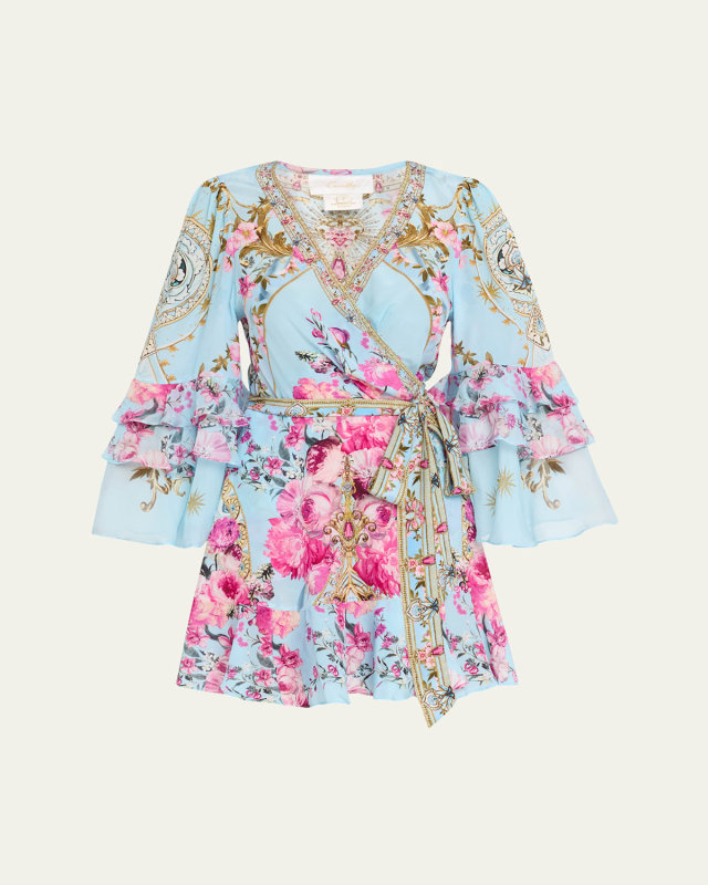 Ruffle-Sleeve Floral Silk Mini Wrap Dress