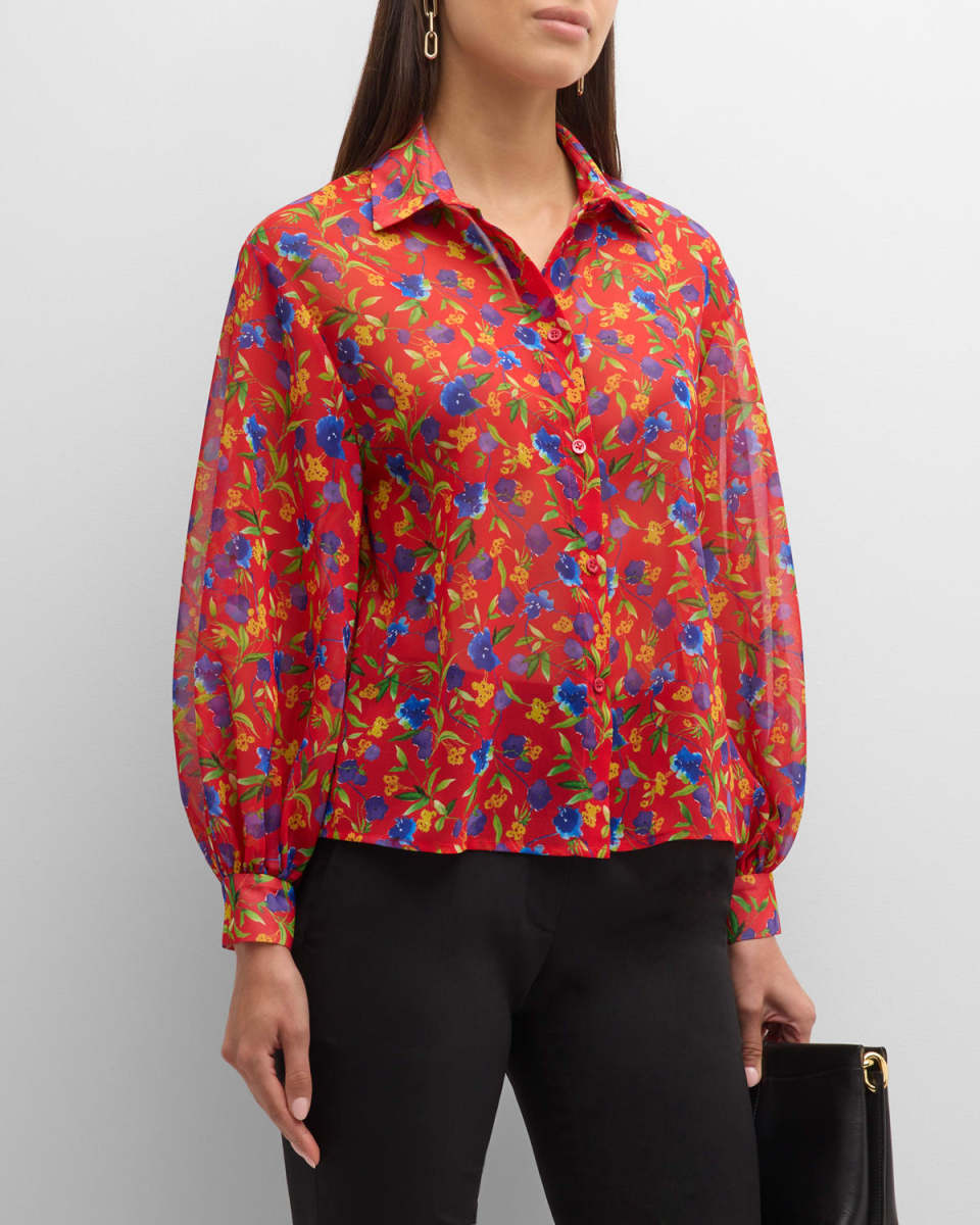 Floral-Print Button-Front Top with Balloon Sleeves