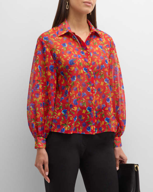 Floral-Print Button-Front Top with Balloon Sleeves