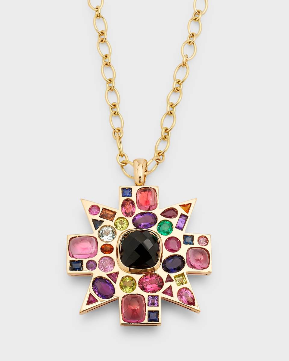 18K Yellow Gold Black Spinel, Rubellite and Colored Stone Byzantine Pendant-Brooch Necklace