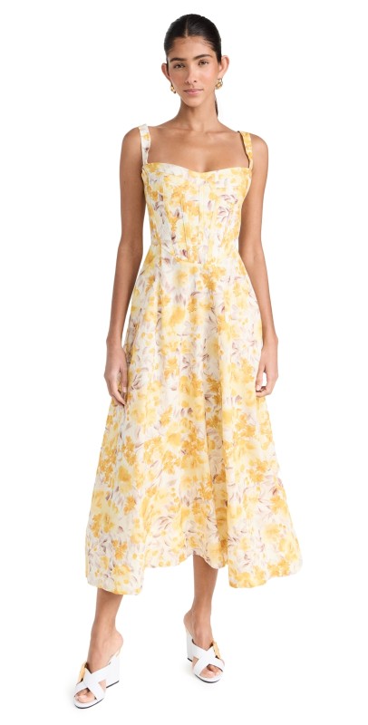 BARDOT Lilah Corset Midi Dress Yellow Floral