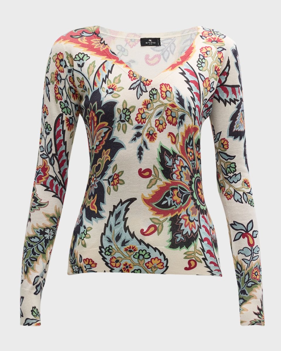Paisley Blossom Stamps V-Neck Long-Sleeve Sweater
