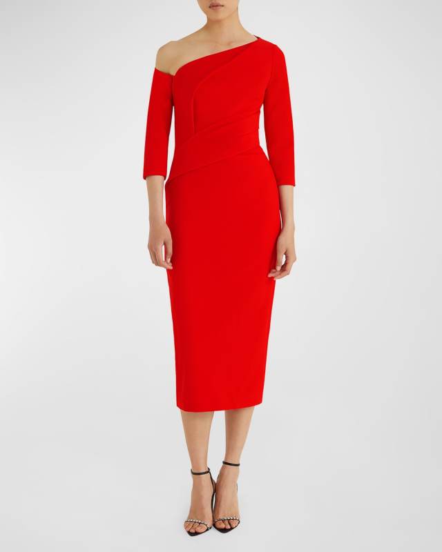 Duan Draped One-Shoulder 3/4-Sleeve Midi Cocktail Dress