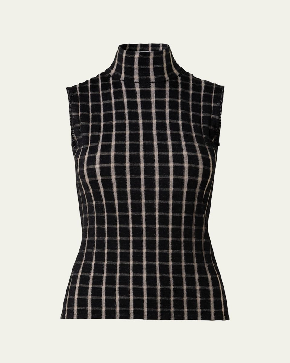 Structured Check Jacquard Mock-Neck Wool Top
