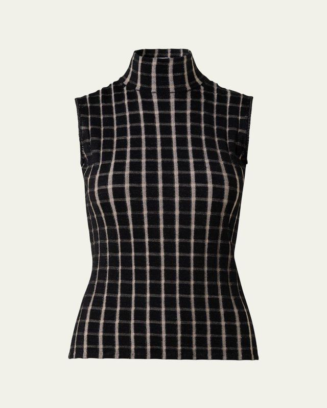 Structured Check Jacquard Mock-Neck Wool Top