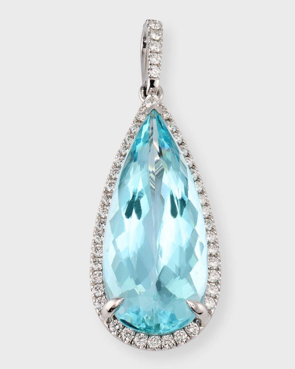 Colors 18K White Gold Pear Shape Aquamarine Diamond Halo Pendant Necklace