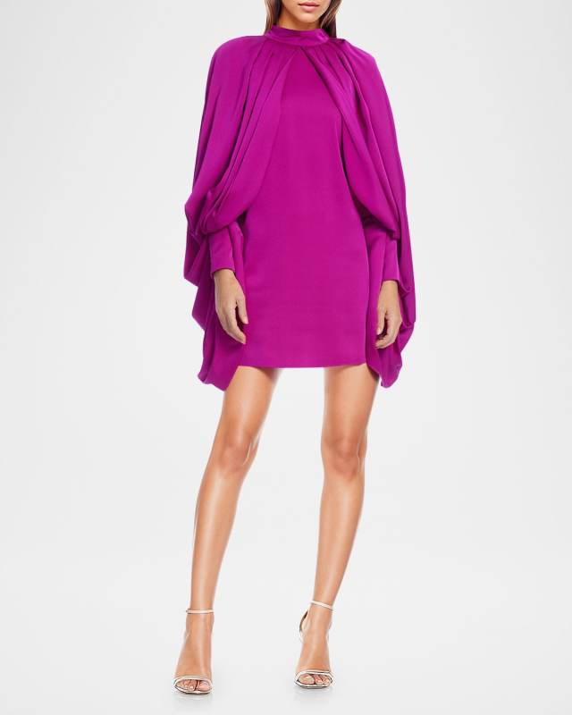 Draped-Sleeve Sateen Mini Dress