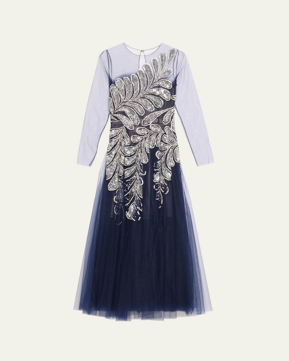 Long-Sleeve Crystal and Sequin Embroidered Gown