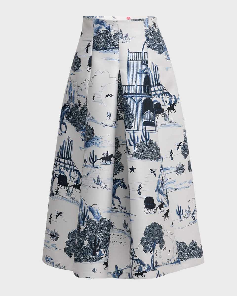 Western-Print Pleated Midi Skirt