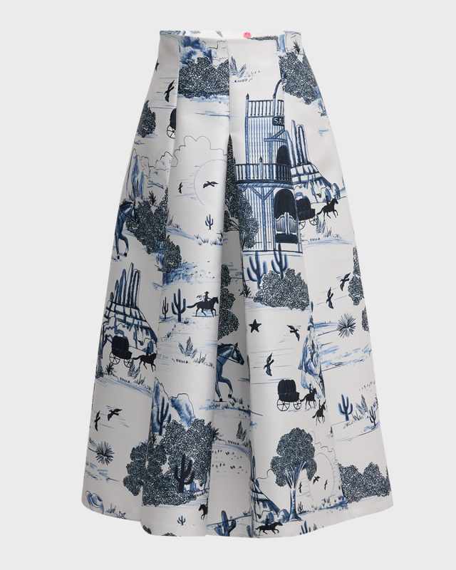 Western-Print Pleated Midi Skirt